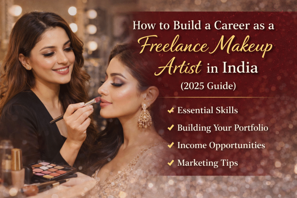 Freelance makeup artist applying makeup during a professional photoshoot in India