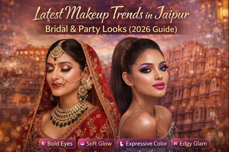 Latest bridal and party makeup trends in Jaipur for 2026 featuring traditional bridal and modern party looks