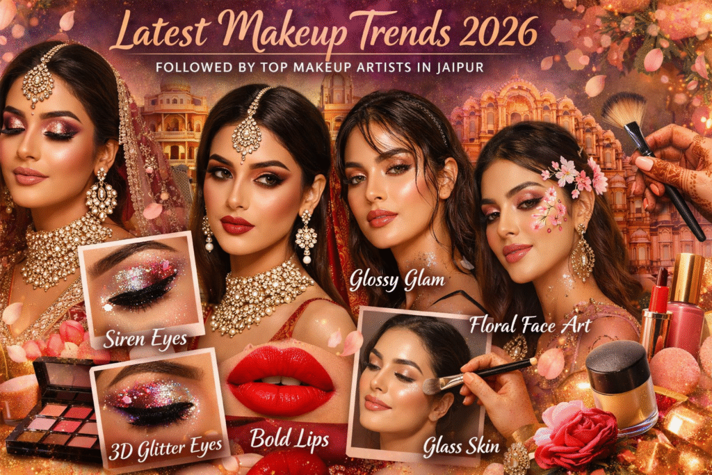 Latest makeup trends 2026 followed by top makeup artists in Jaipur featuring bridal glam, glossy skin, bold lips and floral face art