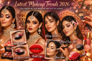 Latest makeup trends 2026 followed by top makeup artists in Jaipur featuring bridal glam, glossy skin, bold lips and floral face art